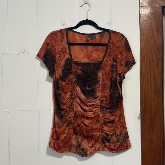 Sere Nade Y2K Orange Velour Floral Ruched Square Neck Top Size XL - Picture 1 of 3